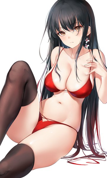 Anime picture 4000x6643 with original emyo single long hair tall image looking at viewer blush fringe highres breasts light erotic black hair simple background hair between eyes large breasts white background sitting brown eyes absurdres bent knee (knees)