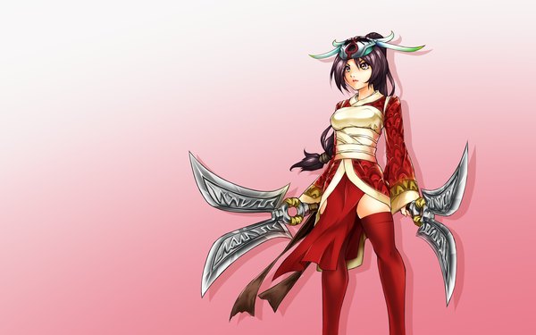 Anime picture 3200x2000 with league of legends akali (league of legends) hatoritsukasa single long hair highres wide image brown eyes looking away purple hair girl thighhighs weapon mask