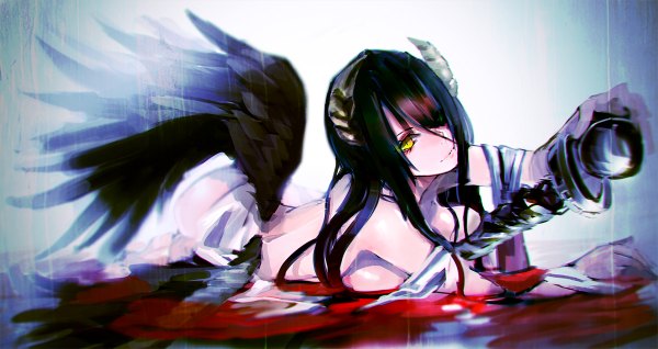 Anime picture 1200x636 with overlord (maruyama) madhouse albedo (overlord) so-bin single long hair looking at viewer fringe breasts light erotic wide image large breasts yellow eyes red hair lying horn (horns) hair over one eye no bra official art blue background