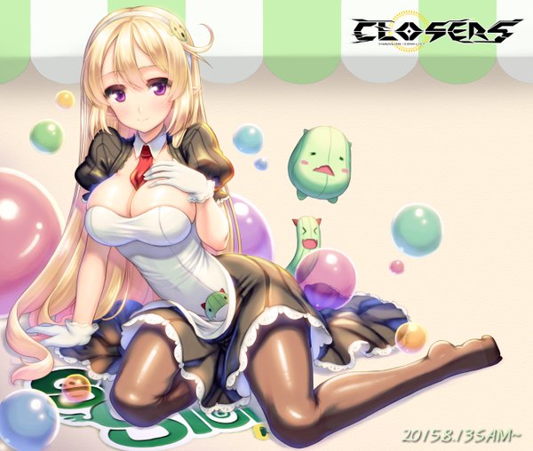 Anime picture 1337x1132 with closers ecell (artist) single long hair looking at viewer fringe breasts light erotic blonde hair large breasts purple eyes hand on chest girl dress gloves pantyhose necktie white gloves