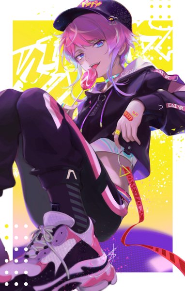 Anime picture 2520x3955 with hypnosis mic balenciaga amemura ramuda callarinc single tall image looking at viewer fringe highres short hair open mouth blue eyes smile sitting holding signed payot pink hair bent knee (knees) midriff