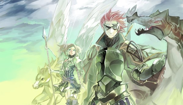 Anime picture 1500x868 with fire emblem nintendo cynthia (fire emblem) jerome (fire emblem) hyakuhachi (artist) short hair blonde hair wide image standing twintails sky cloud (clouds) red hair grey eyes short twintails angel wings girl boy animal wings