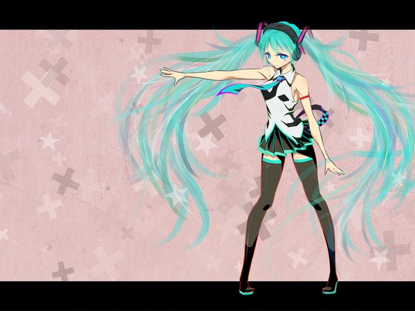 Anime picture 2400x1800 with vocaloid hatsune miku sakuu (artist) single long hair highres twintails aqua eyes aqua hair sleeveless outstretched arm girl necktie headphones thigh boots