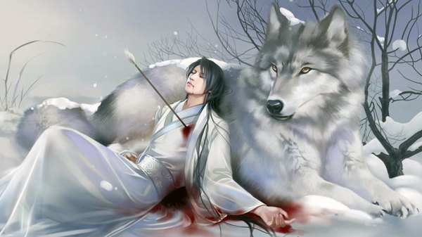 Anime picture 1366x768 with feimo long hair wide image eyes closed japanese clothes realistic winter snow death boy plant (plants) animal tree (trees) kimono blood arrow (arrows) wolf
