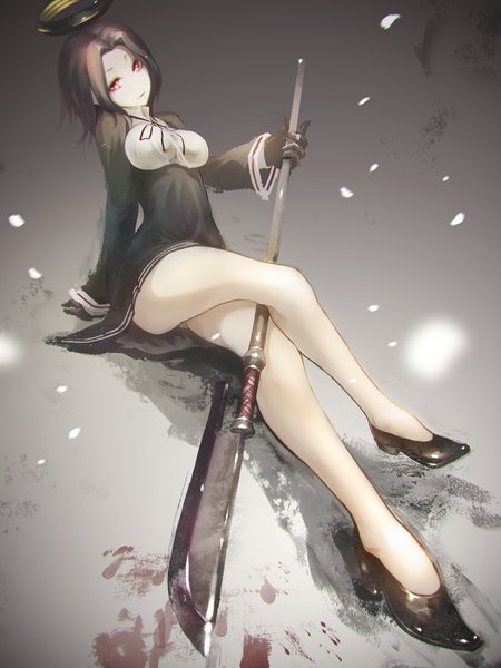 Anime picture 750x1000 with kantai collection tatsuta light cruiser akaikitsune single tall image looking at viewer short hair breasts light erotic red eyes holding purple hair light smile wide sleeves bare legs legs crossed legs girl gloves weapon