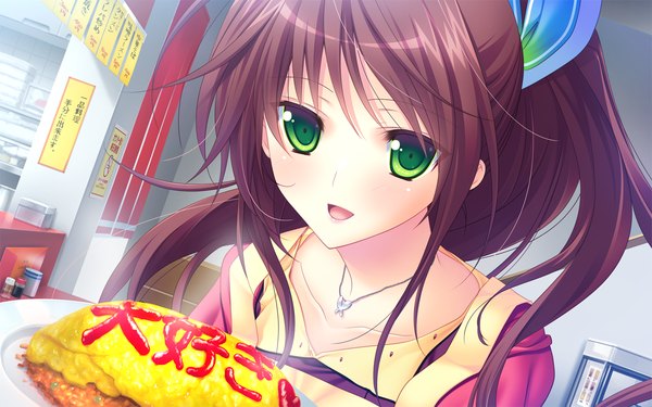 Anime picture 1280x800 with koisuru shimai no sextet makinose mai single long hair looking at viewer open mouth brown hair green eyes game cg ponytail girl bow hair bow food omelet omurice