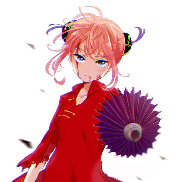 Anime picture 819x819 with gintama sunrise (studio) kagura (gintama) nuka single fringe short hair blue eyes simple background white background payot pink hair upper body traditional clothes wind hair bun (hair buns) torn clothes outstretched arm chinese clothes blood on face