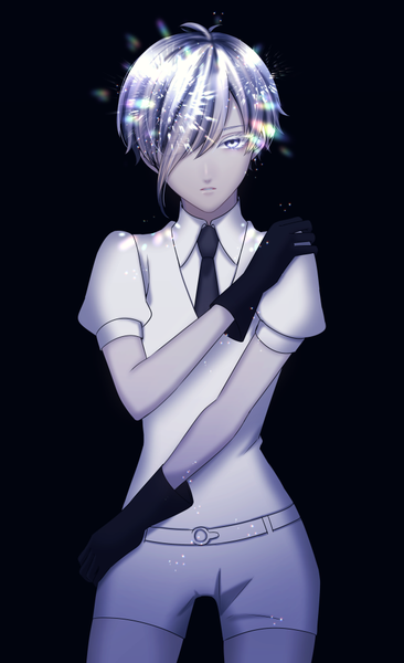 Anime-Bild 611x1000 mit houseki no kuni antarcticite umeno shii single tall image looking at viewer fringe short hair simple background silver hair hair over one eye hand on hip black background silver eyes expressionless shiny androgynous hand on shoulder gloves uniform