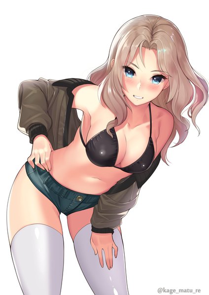 Anime picture 1251x1770 with girls und panzer kay (girls und panzer) kagematsuri single long hair tall image looking at viewer blush fringe breasts blue eyes light erotic simple background blonde hair smile large breasts white background signed parted lips open jacket