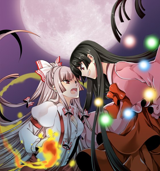 Anime picture 1000x1067 with touhou fujiwara no mokou houraisan kaguya roh nam kyung long hair tall image open mouth black hair red eyes multiple girls silver hair profile night magic girl bow 2 girls hair bow full moon fire