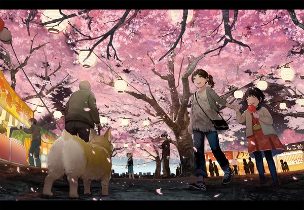 Anime picture 2000x1386 with original sime (echo) highres brown hair multiple girls brown eyes eyes closed from behind multiple boys cherry blossoms back letterboxed walking old man welsh corgi girl boy 2 girls plant (plants) animal