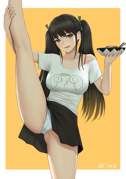 Anime-Bild 800x1132 mit original mezzo (orbanga21) single long hair tall image looking at viewer blush fringe breasts light erotic black hair simple background smile large breasts standing twintails holding signed payot head tilt