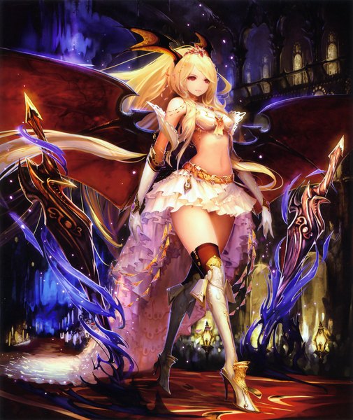 Anime picture 3688x4381 with shingeki no bahamut shadowverse queen vampire (shadowverse) tachikawa mushimaro (bimo) single long hair tall image highres breasts blonde hair red eyes bare shoulders looking away absurdres full body indoors scan bare belly midriff high heels