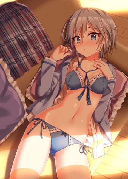 Anime picture 888x1243 with idolmaster idolmaster cinderella girls anastasia (idolmaster) nazu-na single tall image looking at viewer blush short hair breasts open mouth blue eyes light erotic silver hair lying open clothes on back open shirt girl skirt