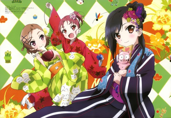 Anime picture 4202x2905 with accel world sunrise (studio) megami magazine kuroyukihime kurashima chiyuri kouzuki yuniko long hair highres short hair open mouth black hair red eyes brown hair multiple girls absurdres red hair japanese clothes official art loli girl