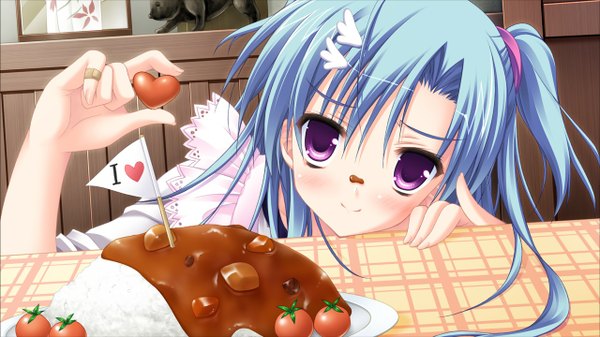 Anime picture 1280x720 with kisaragi gold star (game) haotone tsubasa long hair wide image purple eyes blue hair game cg girl food