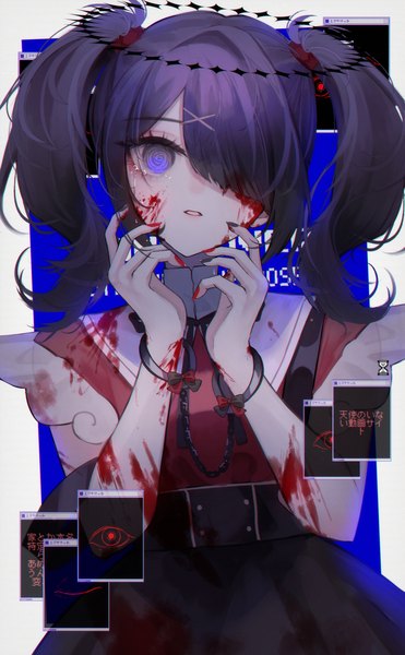 Anime picture 1748x2828 with needy girl overdose ame-chan (needy girl overdose) wny (wnys art) single long hair tall image looking at viewer blush fringe highres purple eyes twintails purple hair upper body nail polish parted lips head tilt hair over one eye short sleeves tears
