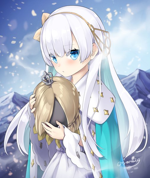 Anime picture 957x1133 with fate (series) fate/grand order anastasia (fate) viy (fate) tyone single long hair tall image looking at viewer blush fringe blue eyes holding signed silver hair twitter username mountain girl headband mantle