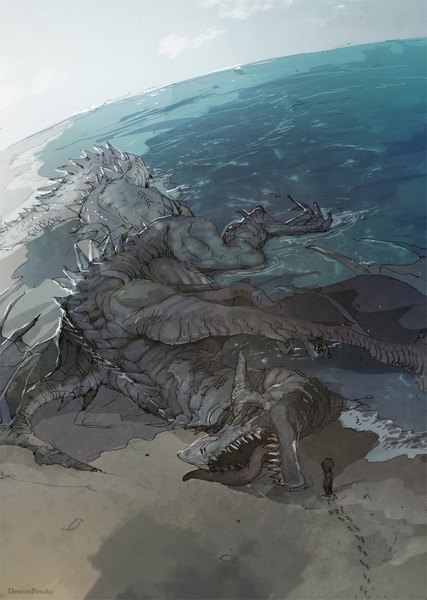 Anime picture 671x942 with original demizu posuka single tall image signed from above beach horizon fantasy sand footprints boy sea dragon corpse