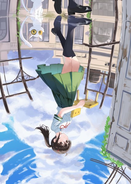 Anime picture 2000x2820 with suzume no tojimari iwato suzume daijin (suzume) suzume no isu nacho (nacho 1103) single long hair tall image fringe highres hair between eyes brown hair holding brown eyes sky cloud (clouds) outdoors side ponytail reflection girl