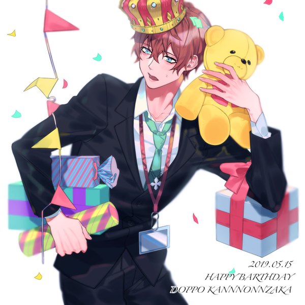 Anime picture 2699x2700 with hypnosis mic kannonzaka doppo xtecubimicx single tall image fringe highres short hair blue eyes hair between eyes brown hair white background holding looking away character names dated happy birthday formal boy toy
