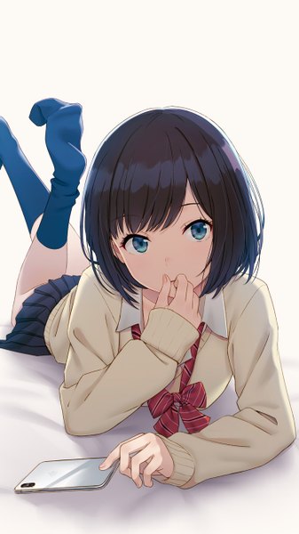 Anime picture 750x1334 with original hyuuga azuri single tall image looking at viewer fringe short hair blue eyes black hair holding lying pleated skirt no shoes on stomach hand to mouth girl skirt uniform school uniform miniskirt