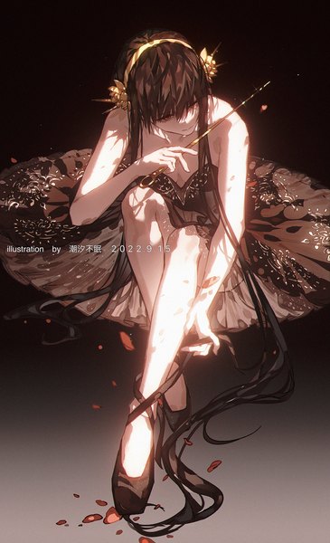 Anime picture 2183x3584 with spy x family yor briar chaoxibumian single long hair tall image fringe highres simple background hair between eyes red eyes brown hair sitting signed looking away full body dated black background ballerina girl