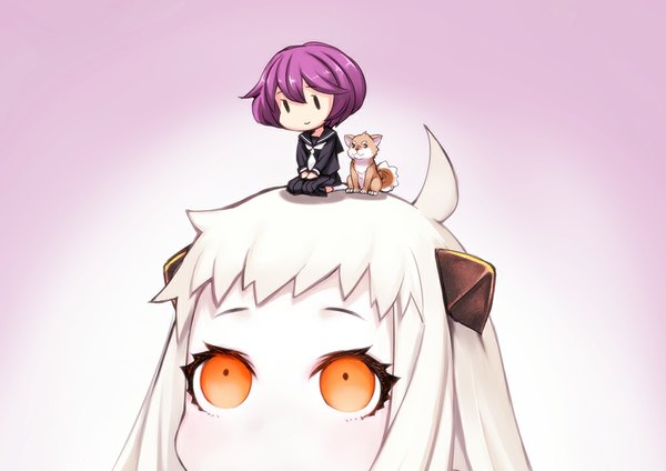 Anime picture 1000x708 with kantai collection northern ocean hime fairy (kantai collection) matsuryuu long hair blush short hair multiple girls purple hair white hair loli orange eyes looking up chibi white skin shinkaisei-kan minigirl l l girl skirt