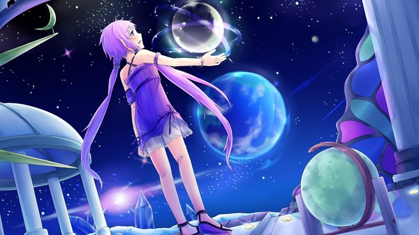 Anime picture 1920x1080 with vocaloid sakakidani long hair highres wide image purple eyes bare shoulders purple hair space girl dress planet