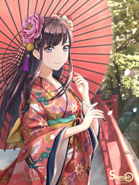 Anime-Bild 1125x1500 mit original shamakho single long hair tall image looking at viewer fringe blue eyes smile brown hair holding signed payot upper body outdoors blunt bangs long sleeves traditional clothes japanese clothes arm up