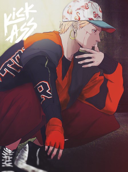 Anime picture 851x1140 with original arashi (boom sate225) single tall image short hair blonde hair red eyes looking away full body profile mole mole under eye text squat english hand to mouth blood on face boy gloves earrings