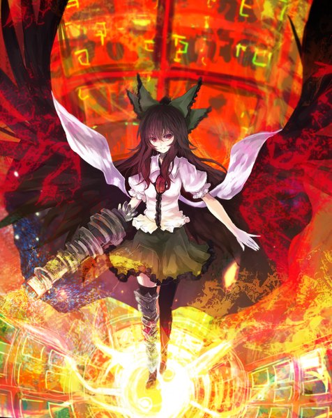 Anime picture 1587x2000 with touhou asagi shii single long hair tall image red eyes brown hair light smile puffy sleeves hieroglyph girl thighhighs skirt bow weapon hair bow shirt wings
