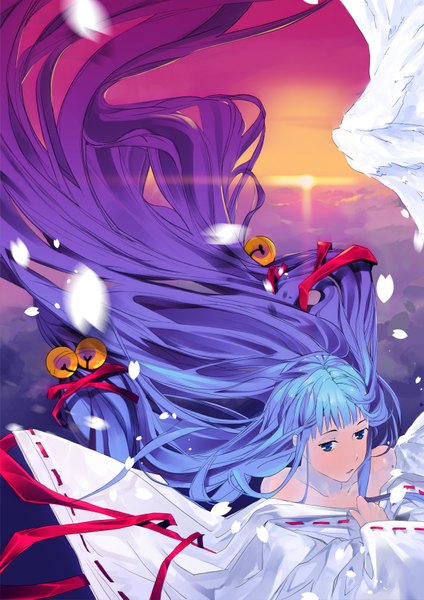 Anime picture 2480x3507 with air key (studio) kannabi no mikoto kanna el-zheng single tall image highres blue eyes bare shoulders blue hair very long hair evening sunset miko angel wings hair bell girl ribbon (ribbons) hair ribbon