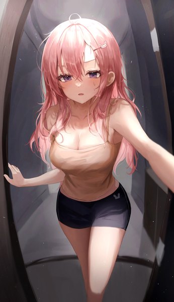 Anime picture 2339x4054 with original chabi single long hair tall image looking at viewer blush fringe highres breasts open mouth hair between eyes large breasts standing purple eyes pink hair ahoge midriff sweat girl