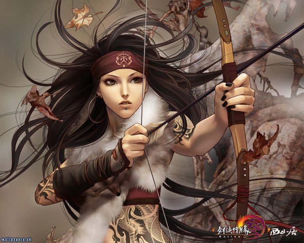Anime picture 1280x1024 with jianxia qingyuan 3 zhang xiao bai single long hair open mouth multicolored hair realistic tattoo piercing girl hair ornament plant (plants) earrings tree (trees) leaf (leaves) bandana bow (weapon) arrow (arrows)