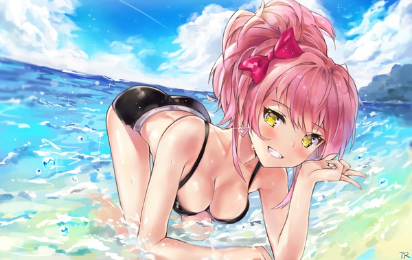 Anime picture 2018x1278 with idolmaster idolmaster cinderella girls jougasaki mika tr (hareru) single looking at viewer fringe highres breasts open mouth light erotic smile signed yellow eyes pink hair cloud (clouds) :d beach victory on all fours