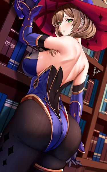Anime picture 1250x2000 with genshin impact mona megistus lisa (genshin impact) piukute062 single long hair tall image looking at viewer blush fringe breasts light erotic hair between eyes brown hair large breasts standing green eyes signed ass indoors