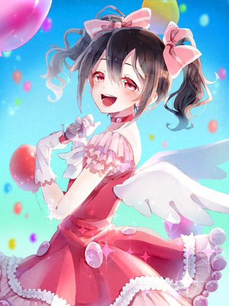 Anime picture 800x1066 with love live! school idol project sunrise (studio) love live! yazawa nico poison916 single tall image blush short hair open mouth black hair smile red eyes twintails short twintails white wings fake wings girl dress gloves