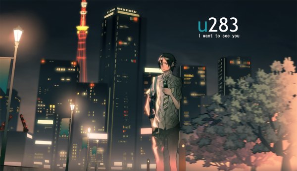 Anime picture 1400x810 with original tazuma (u283) single looking at viewer short hair black hair wide image standing night night sky city city lights boy uniform plant (plants) school uniform shirt tree (trees) necktie building (buildings)