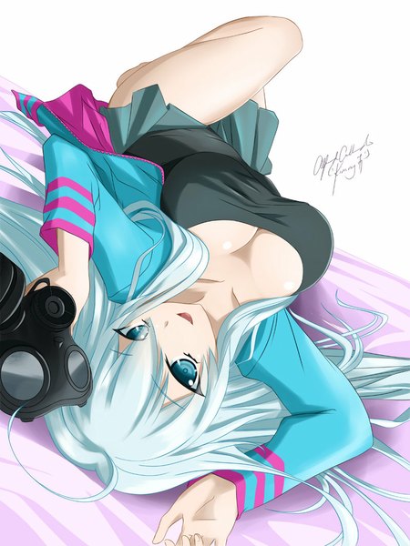 Anime picture 800x1066 with original kimmy77 single long hair tall image breasts open mouth light erotic simple background smile large breasts white background white hair lying pleated skirt aqua eyes girl skirt gas mask