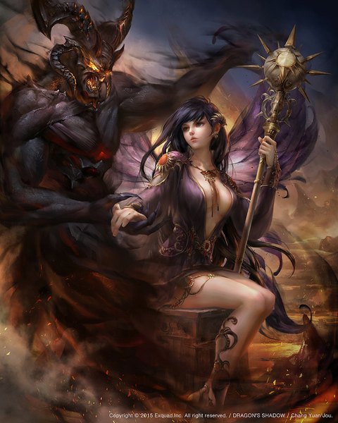 Anime picture 720x900 with original jou chang yuan long hair tall image fringe light erotic black hair sitting holding looking away outdoors horn (horns) realistic floating hair glowing holding hands glowing eye (eyes) cleavage cutout demon girl