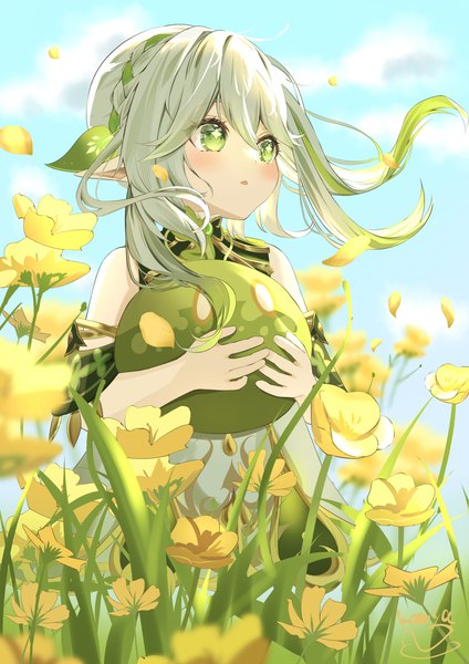 Anime picture 2894x4093 with genshin impact nahida (genshin impact) slime (genshin impact) komiya latte single long hair tall image blush fringe highres hair between eyes holding green eyes silver hair outdoors wind pointy ears side ponytail symbol-shaped pupils girl