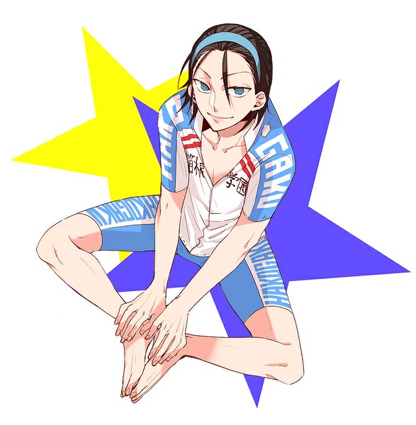 Anime picture 840x859 with yowamushi pedal toudou jinpachi yomimatigai single tall image looking at viewer short hair black hair simple background smile white background sitting barefoot aqua eyes from above open collar indian style boy uniform star (symbol)