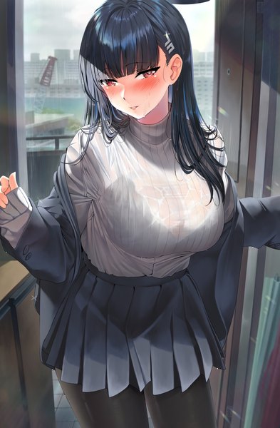 Anime-Bild 949x1450 mit blue archive rio (blue archive) kawai (purplrpouni) single long hair tall image looking at viewer blush fringe breasts light erotic black hair red eyes large breasts standing blunt bangs long sleeves parted lips pleated skirt off shoulder