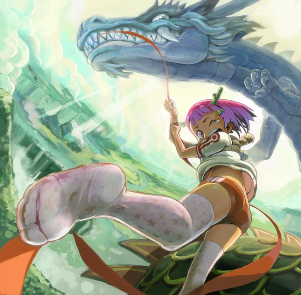 Anime picture 1500x1471 with original kousaku short hair open mouth pink hair pink eyes horn (horns) teeth fang (fangs) no shoes tears girl thighhighs ribbon (ribbons) shorts dragon claws