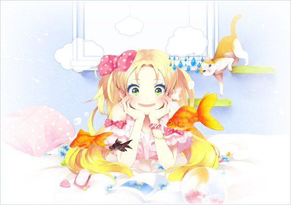 Anime-Bild 1412x1000 mit original hakusai (tiahszld) single long hair looking at viewer blush open mouth blonde hair smile twintails bare shoulders green eyes cloud (clouds) rain polka dot head rest hands on face girl dress flower (flowers)