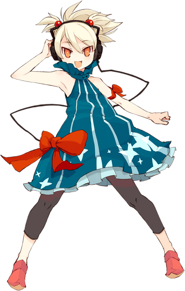 Anime picture 1285x2015 with mota single tall image looking at viewer short hair open mouth blonde hair twintails orange eyes sleeveless short twintails transparent background girl dress hair ornament bow shoes headphones hair tie wire (wires)