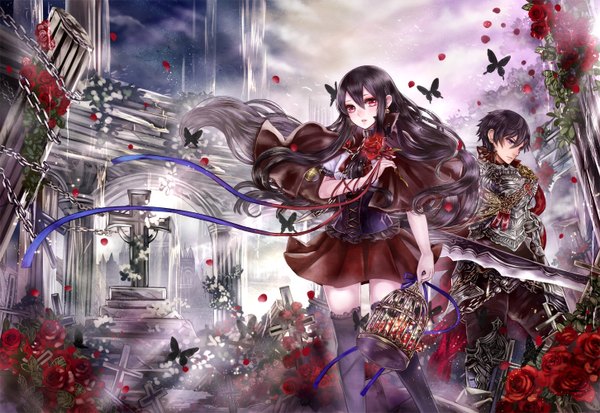 Anime picture 1452x1000 with haruci long hair looking at viewer fringe short hair open mouth red eyes brown hair standing brown eyes zettai ryouiki looking down glow broken girl boy skirt flower (flowers) ribbon (ribbons) weapon