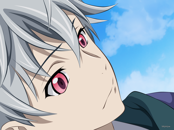 Anime picture 2400x1800 with mirai nikki akise aru morrow single fringe highres short hair silver hair pink eyes close-up boy