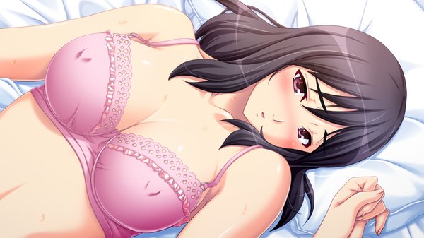 Anime picture 1280x720 with marriage blue skyhouse long hair blush fringe breasts light erotic black hair hair between eyes wide image large breasts purple eyes game cg upper body lying head tilt on back dutch angle underwear only covered nipples